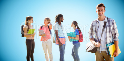 Composite image of happy students outside on campus Composite image of happy students outside on campus