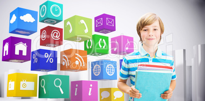 Composite image of cute pupil smiling at camera in library