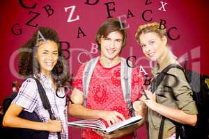 Composite image of college students reading book in library