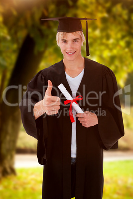 Composite image of happy teen guy celebrating graduation