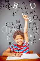 Composite image of cute little boy raising hand