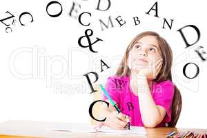 Composite image of cute pupil working at her desk