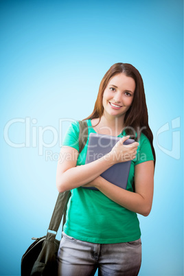 Composite image of student using her tablet in library