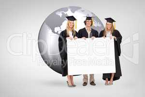 Composite image of three students in graduate robe holding a bla