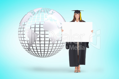 Composite image of full length of a woman holding a blank sheet