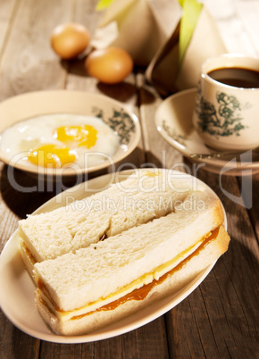 Traditional Malaysian breakfast kaya butter toast and coffee