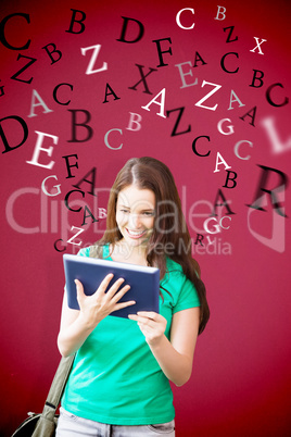 Composite image of student using her tablet in library