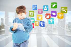 Composite image of cute boy using tablet