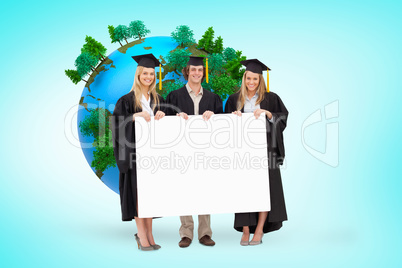 Composite image of three students in graduate robe holding a bla