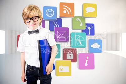 Composite image of cute pupil holding book