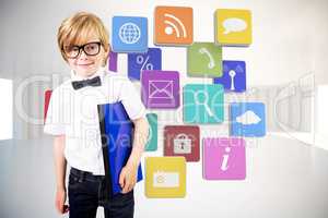 Composite image of cute pupil holding book