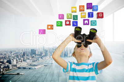 Composite image of cute little girl looking through binoculars