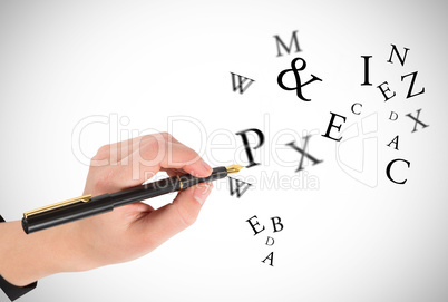 Composite image of businesswomans hand writing with fountain pen