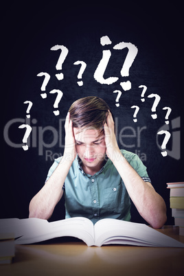 Composite image of student sitting in library reading