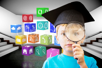 Composite image of cute pupil looking through magnifying glass