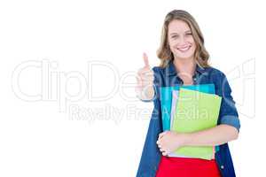 Composite image of smiling student holding notebook and file