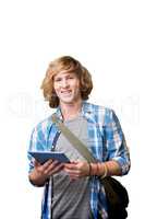 Composite image of student using tablet in library