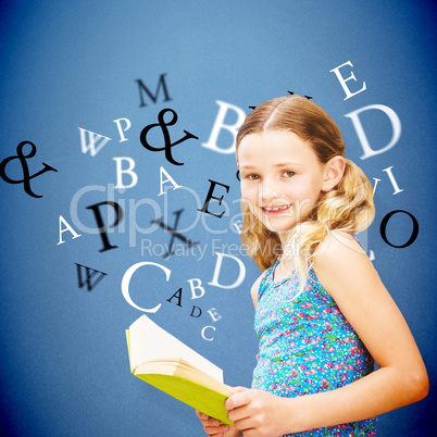 Composite image of girl reading book in library