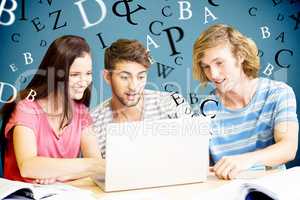 Composite image of college students using laptop in library