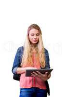 Composite image of student using tablet in library