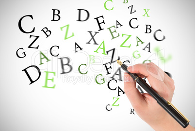 Composite image of businesswomans hand writing with fountain pen Composite image of businesswomans hand writing with fountain pen