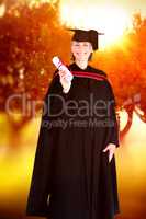 Composite image of happy blonde girl celebrating success with di