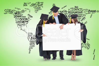 Composite image of three graduates pointing to the blank sign