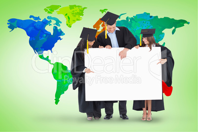Composite image of three graduates pointing to the blank sign