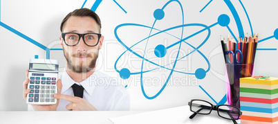 Composite image of geeky businessman pointing to calculator