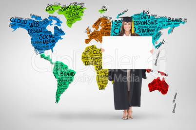 Composite image of full length of a woman holding a blank sheet