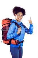 Young woman with backpack hitchhiking