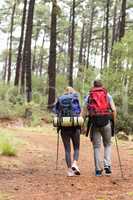 Young happy hiker couple hiking