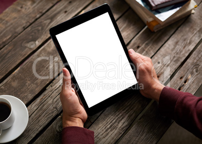 Man shows screen of digital tablet
