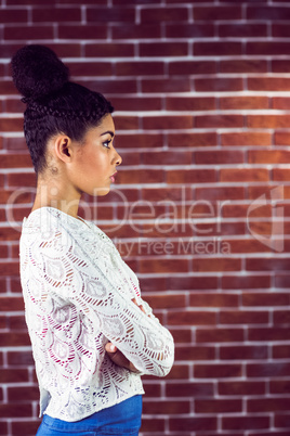 Close up of a serious woman looking away