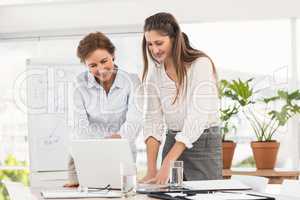 Smiling businesswomen using laptop