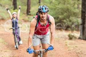 Handsome biker looking at the camera