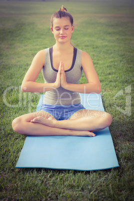 Peaceful sporty blonde meditating on exercise mat