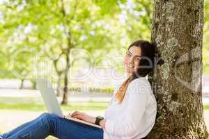 Beautiful brunette using laptop in the park