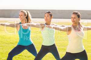 Smiling sporty women doing yoga together