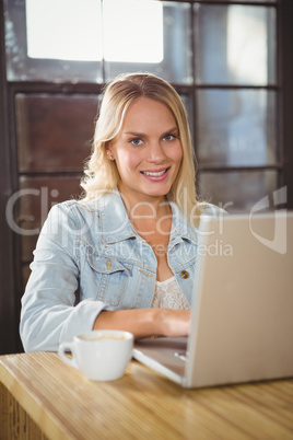 Smiling blonde sitting and using laptop