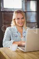 Smiling blonde sitting and using laptop