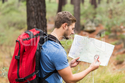 Young handsome hiker using map