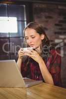 Pretty brunette drinking coffee and using laptop