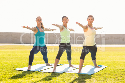 Smiling sporty women doing yoga together