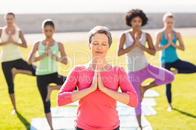 Peaceful sporty woman doing yoga in yoga class