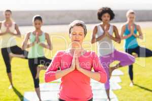 Peaceful sporty woman doing yoga in yoga class