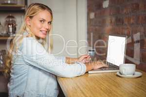 Smiling blonde doing online shopping