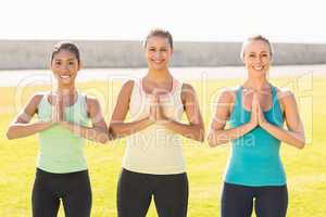 Smiling sporty women doing yoga together