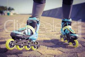 Close up view of woman wearing inline skates