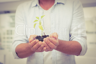 Casual businessman holding plant